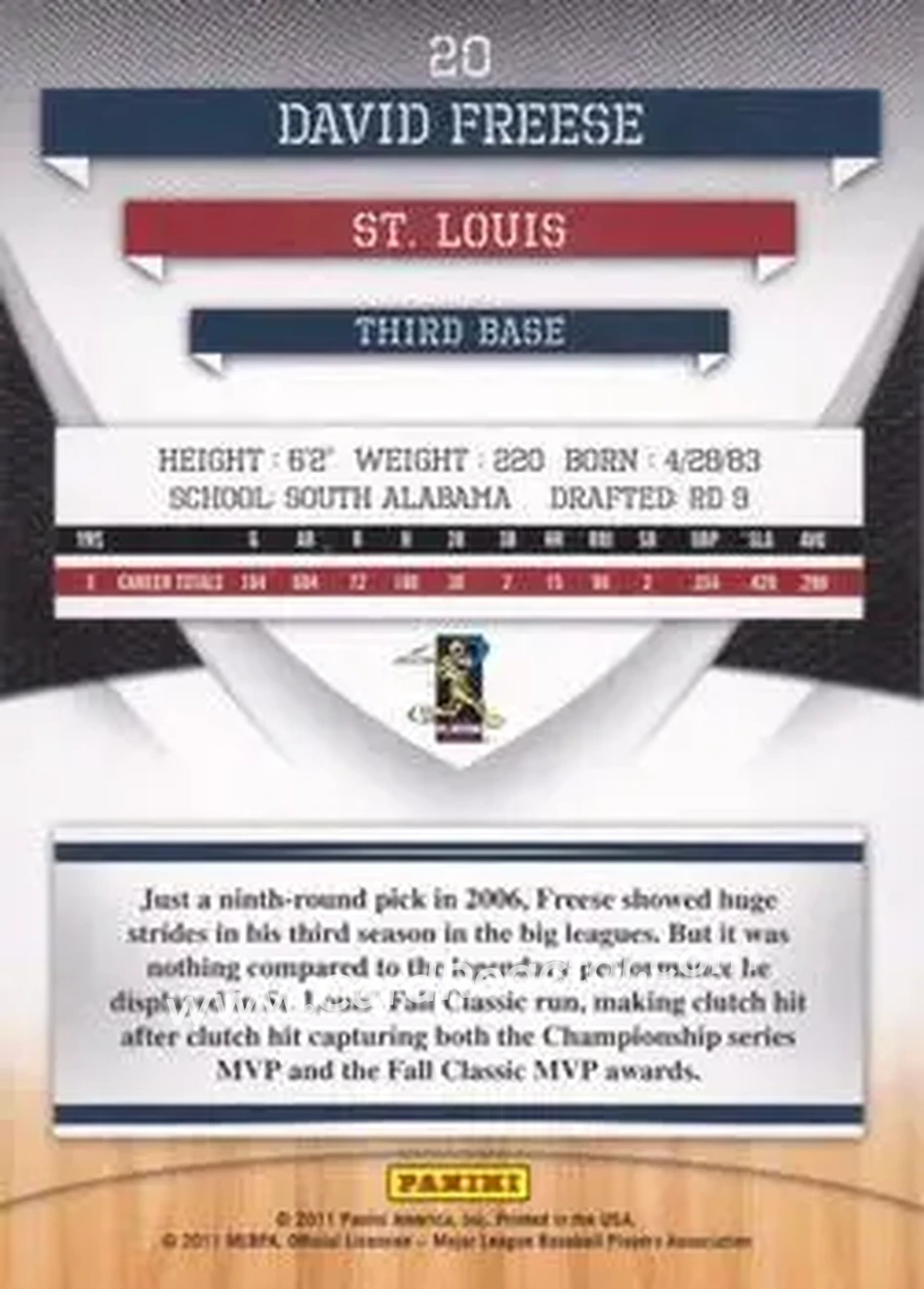 2011 Donruss Elite Extra Edition #20 - David Freese - St. Louis Cardinals - Back