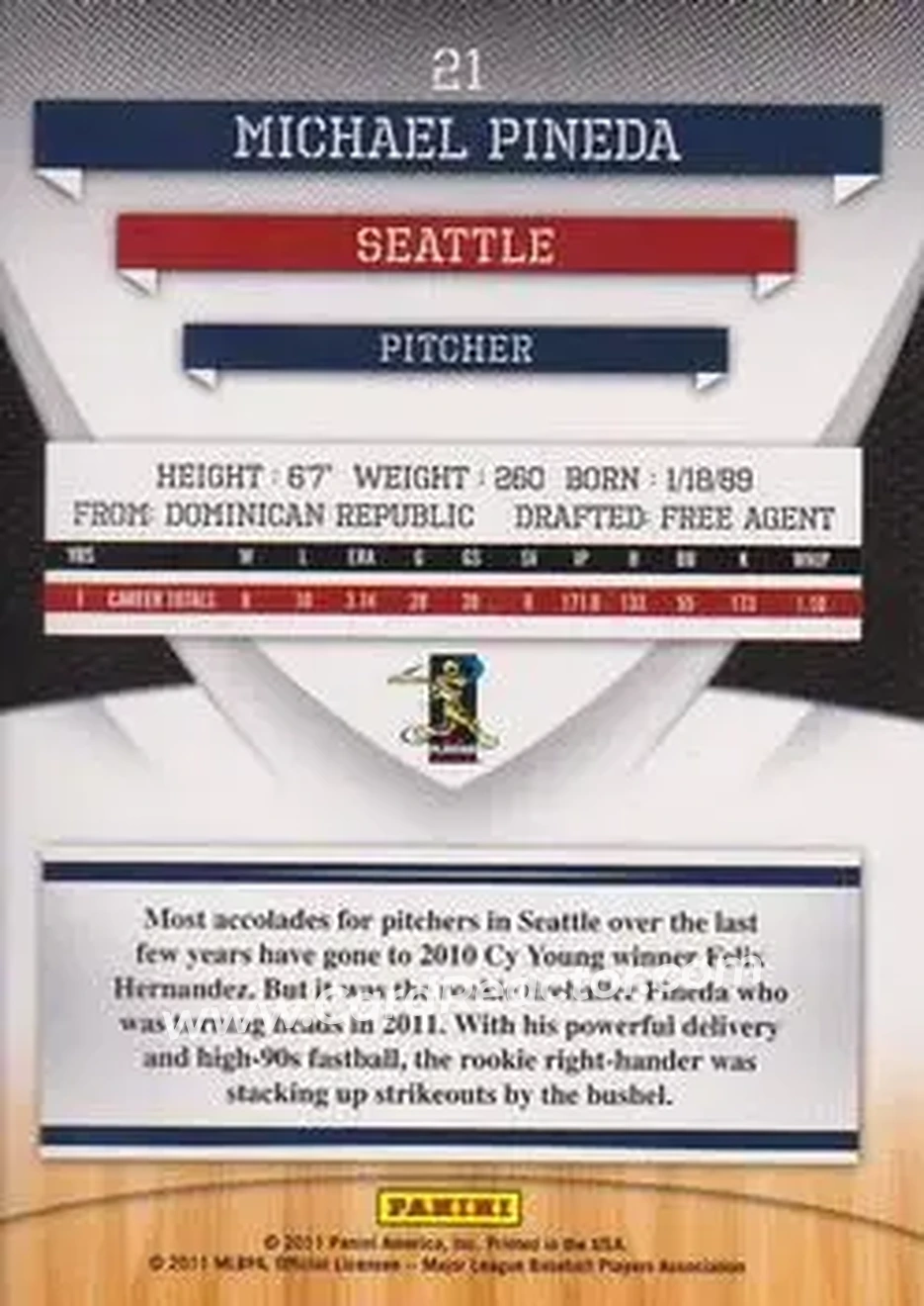 2011 Donruss Elite Extra Edition #21 - Michael Pineda - Seattle Mariners - Back