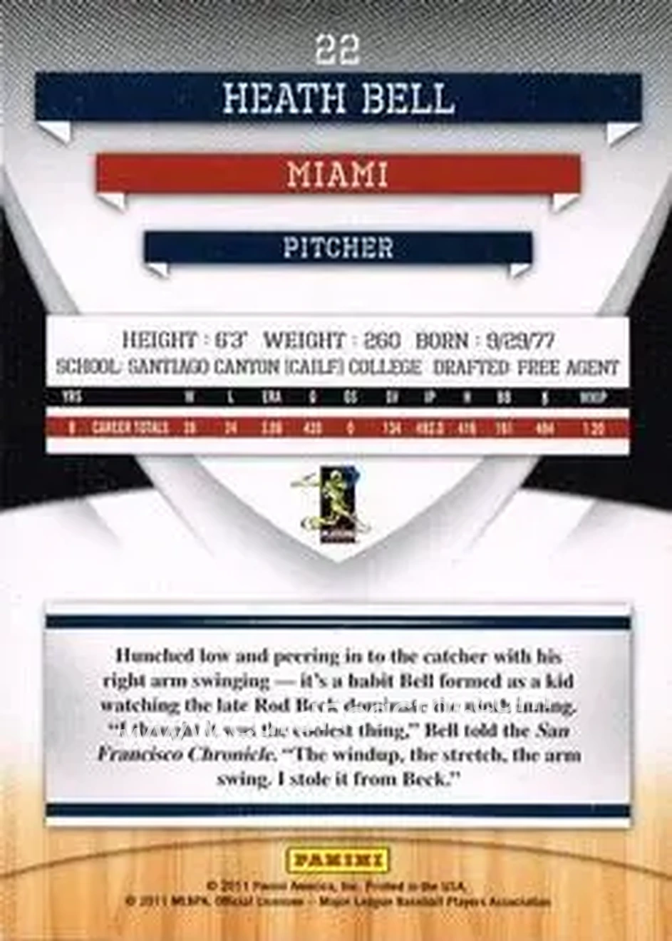 2011 Donruss Elite Extra Edition #22 - Heath Bell - Miami Marlins - Back
