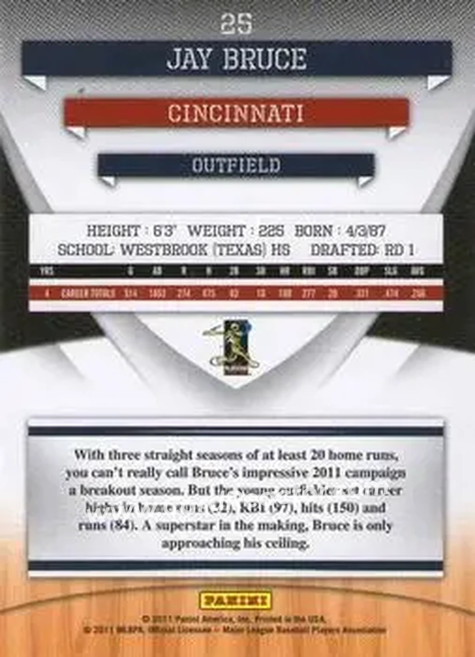 2011 Donruss Elite Extra Edition #25 - Jay Bruce - Cincinnati Reds - Back