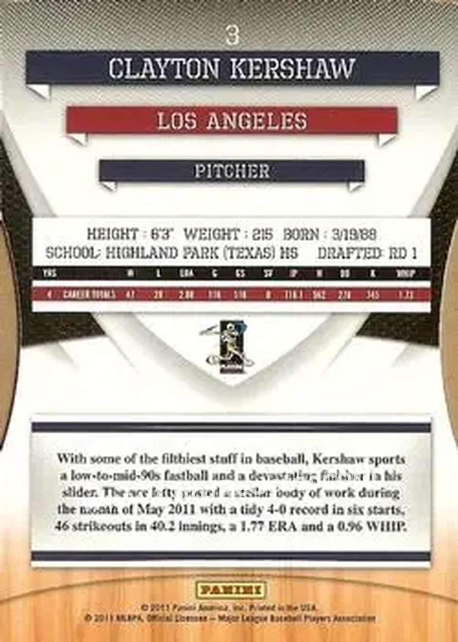 2011 Donruss Elite Extra Edition - Aspirations Die Cut #3 - Clayton Kershaw - Los Angeles Dodgers - Back