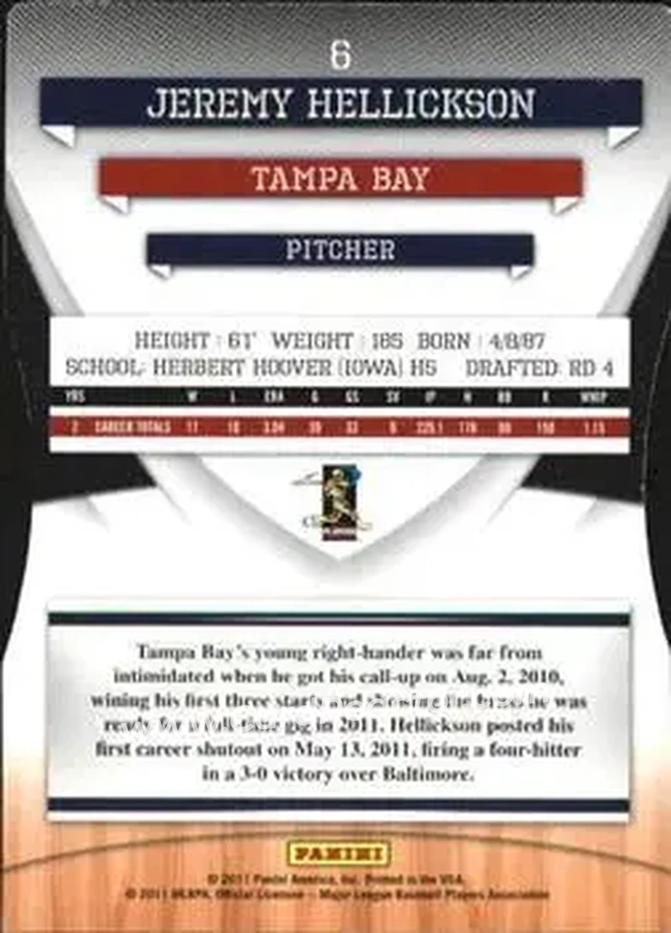 2011 Donruss Elite Extra Edition - Aspirations Die Cut #6 - Jeremy Hellickson - Tampa Bay Rays - Back 2011 Donruss Elite Extra Edition - Aspirations Die Cut #6 - Jeremy Hellickson - Tampa Bay Rays - Back