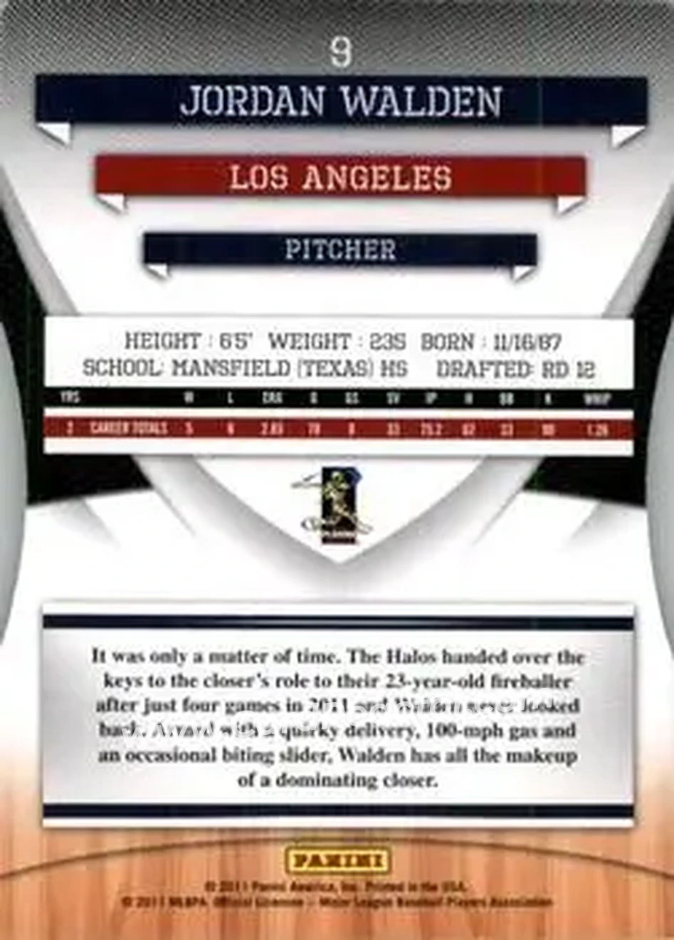 2011 Donruss Elite Extra Edition - Aspirations Die Cut #9 - Jordan Walden - Los Angeles Angels - Back