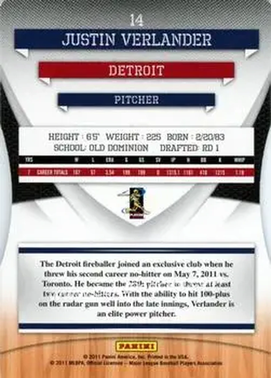 2011 Donruss Elite Extra Edition - Aspirations Die Cut #14 - Justin Verlander - Detroit Tigers - Back