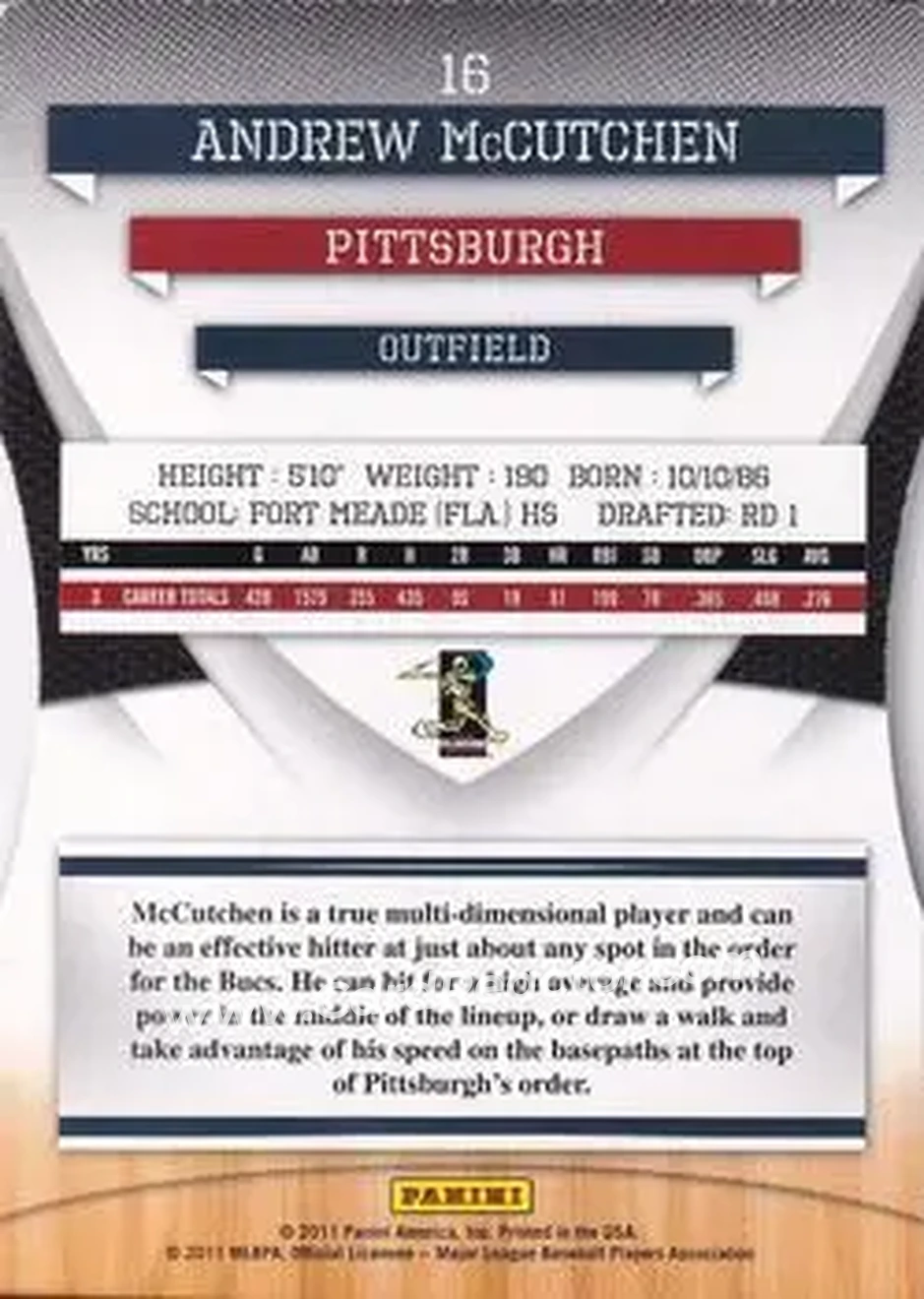 2011 Donruss Elite Extra Edition - Aspirations Die Cut #16 - Andrew McCutchen - Pittsburgh Pirates - Back 2011 Donruss Elite Extra Edition - Aspirations Die Cut #16 - Andrew McCutchen - Pittsburgh Pirates - Back