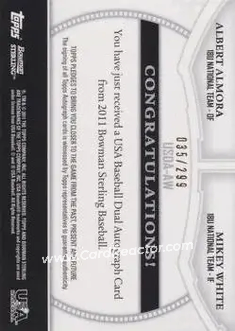 2011 Bowman Sterling - Dual Autographs #BSDA-AW - Albert Almora - Mikey White AU, SN299 - USA - USA - Back 2011 Bowman Sterling - Dual Autographs #BSDA-AW - Albert Almora - Mikey White AU, SN299 - USA - USA - Back