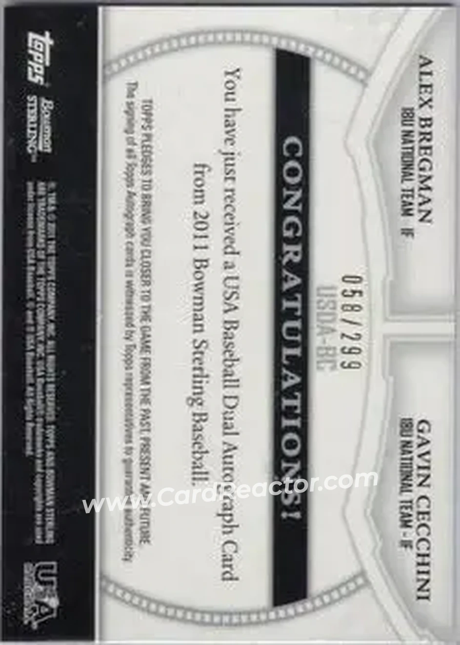 2011 Bowman Sterling - Dual Autographs #BSDA-BC - Alex Bregman - Gavin Cecchini AU, SN299 - USA - USA - Back