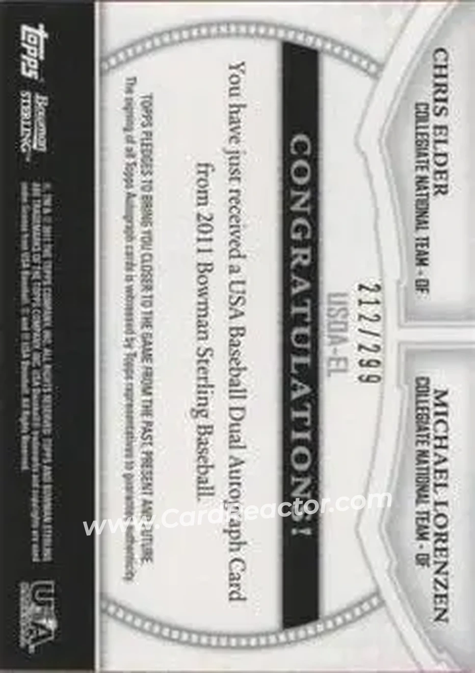 2011 Bowman Sterling - Dual Autographs #BSDA-EL - Chris Elder - Michael Lorenzen AU, SN299 - USA - USA - Back 2011 Bowman Sterling - Dual Autographs #BSDA-EL - Chris Elder - Michael Lorenzen AU, SN299 - USA - USA - Back