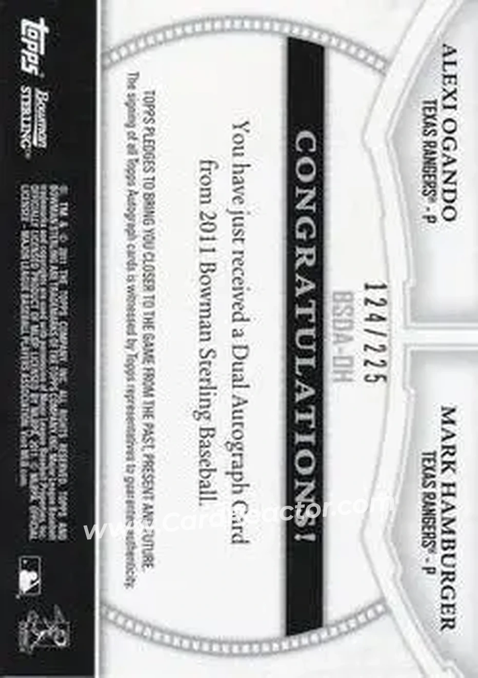2011 Bowman Sterling - Dual Autographs #BSDA-OH - Alexi Ogando - Mark Hamburger AU, SN299 - Texas Rangers - Texas Rangers - Back
