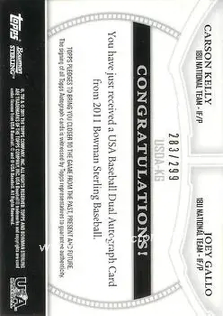 2011 Bowman Sterling - Dual Autographs #USDA-KG - Carson Kelly - Joey Gallo AU, SN299 - USA - USA - Back