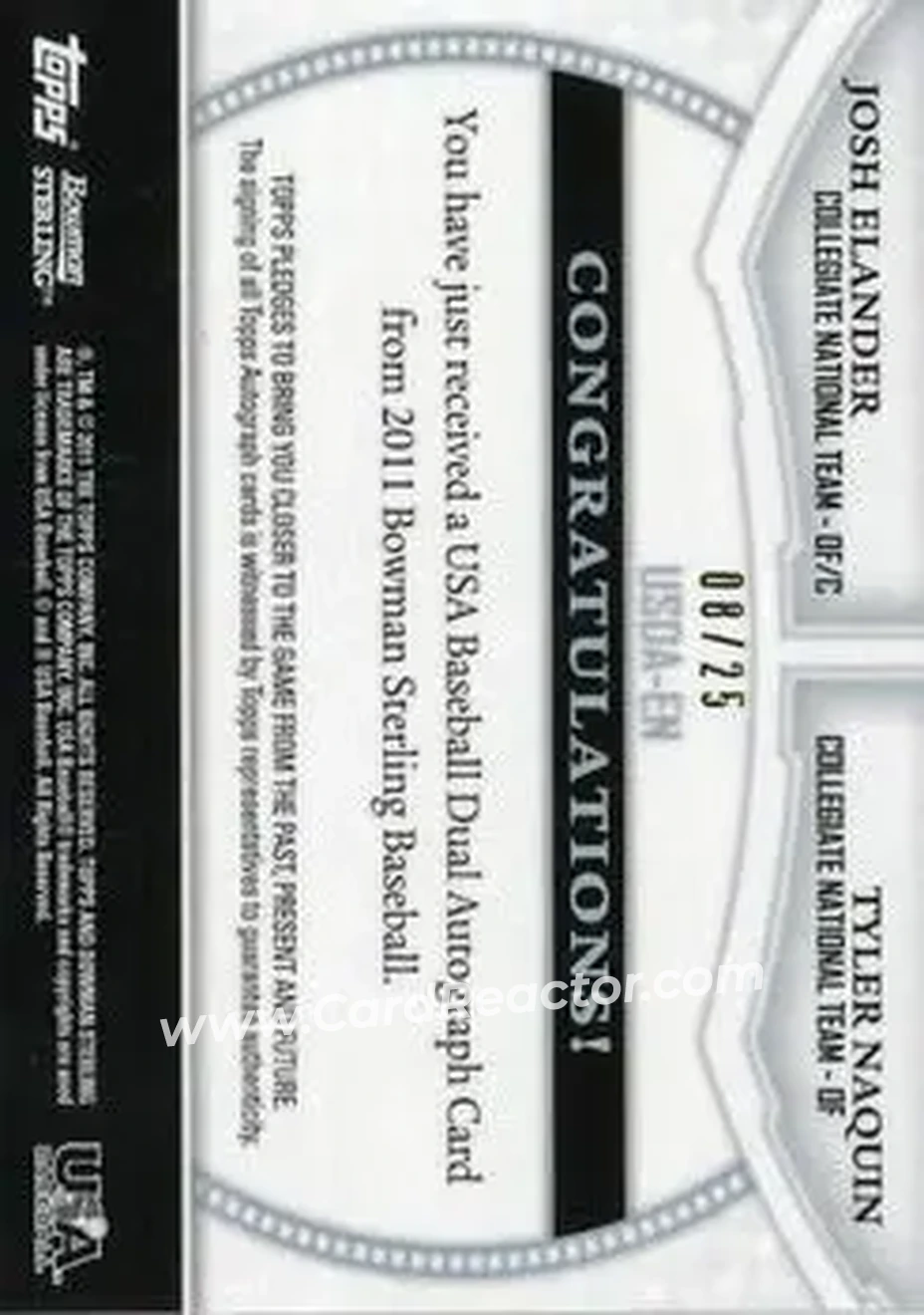 2011 Bowman Sterling - Dual Autographs Black Refractors #EN - Josh Elander - Tyler Naquin AU, SN25 - USA - USA - Back 2011 Bowman Sterling - Dual Autographs Black Refractors #EN - Josh Elander - Tyler Naquin AU, SN25 - USA - USA - Back