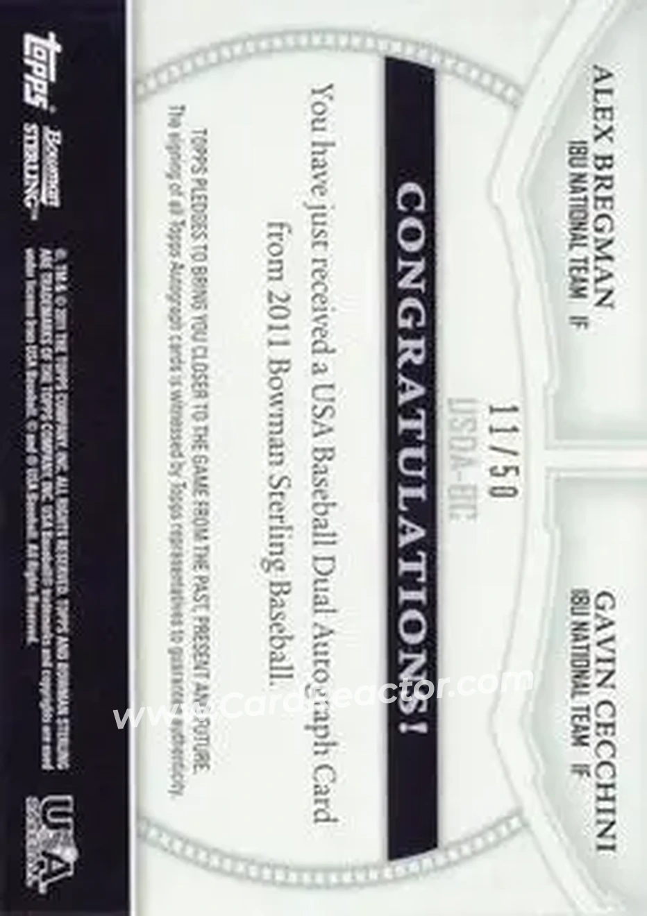 2011 Bowman Sterling - Dual Autographs Gold Refractors #USDA-BC - Alex Bregman - Gavin Cecchini AU, SN50 - USA - USA - Back 2011 Bowman Sterling - Dual Autographs Gold Refractors #USDA-BC - Alex Bregman - Gavin Cecchini AU, SN50 - USA - USA - Back