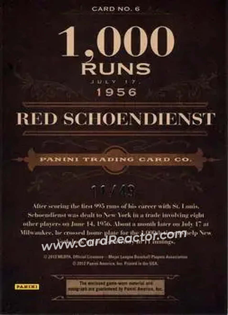 2011 Panini Prime Cuts - Auto Biography Materials #6 - Al Schoendienst - St. Louis Cardinals - Back