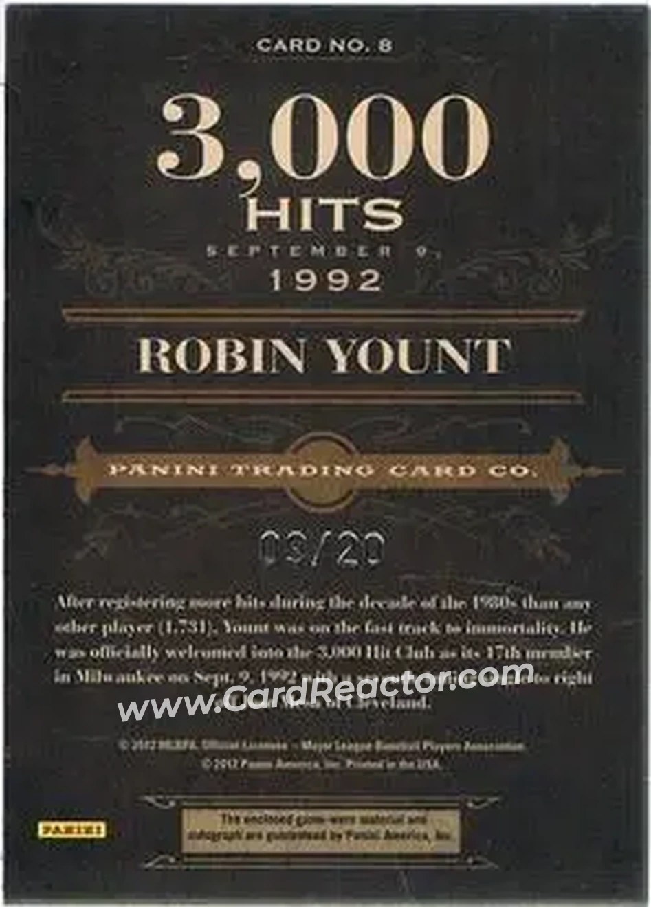 2011 Panini Prime Cuts - Auto Biography Materials #8 - Robin Yount - Milwaukee Brewers - Back