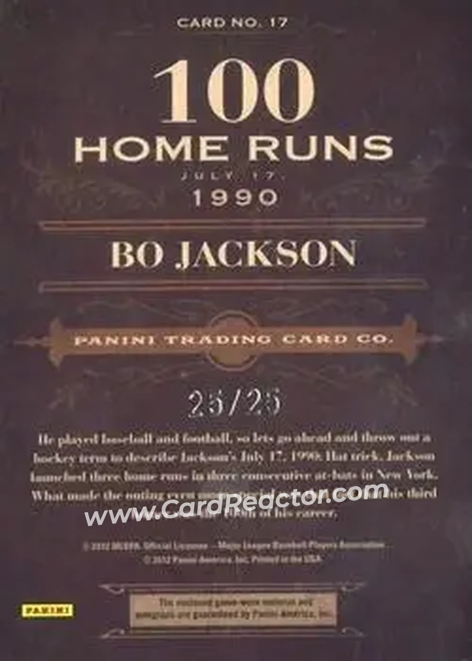 2011 Panini Prime Cuts - Auto Biography Materials #17 - Bo Jackson - Kansas City Royals - Back