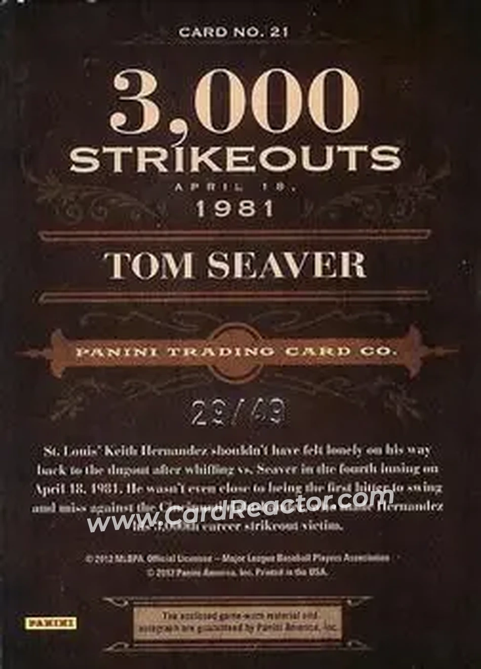 2011 Panini Prime Cuts - Auto Biography Materials #21 - Tom Seaver - Cincinnati Reds - Back