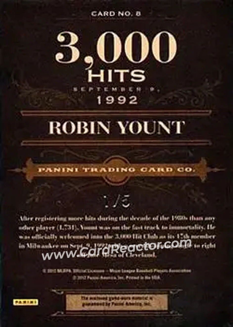 2011 Panini Prime Cuts - Auto Biography Materials Prime #8 - Robin Yount - Milwaukee Brewers - Back 2011 Panini Prime Cuts - Auto Biography Materials Prime #8 - Robin Yount - Milwaukee Brewers - Back