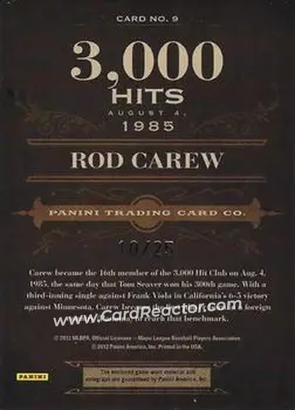 2011 Panini Prime Cuts - Auto Biography Materials Prime #9 - Rod Carew - California Angels - Back