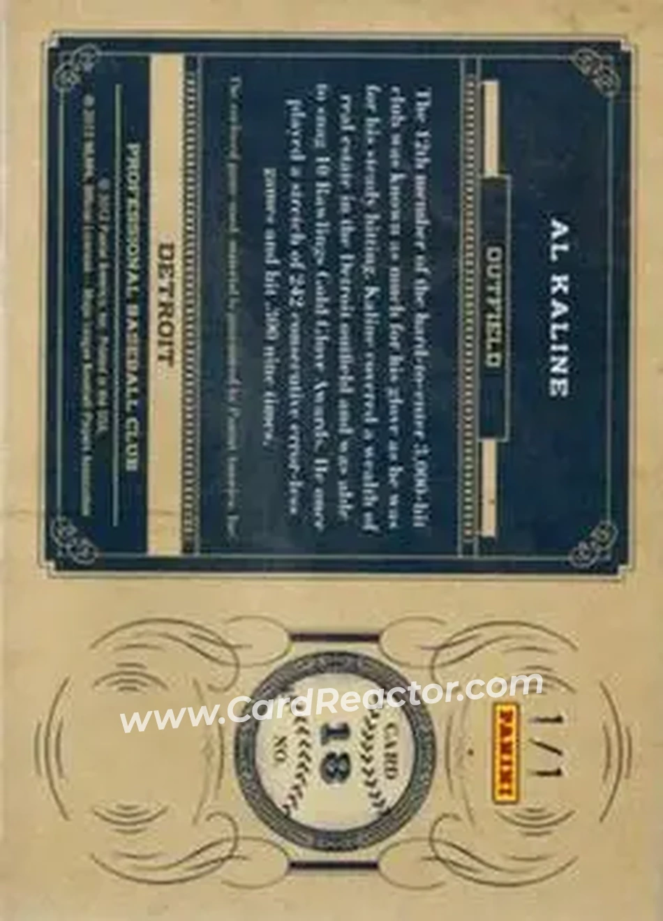 2011 Panini Prime Cuts - Barrel Up #18 - Al Kaline - Detroit Tigers - Back