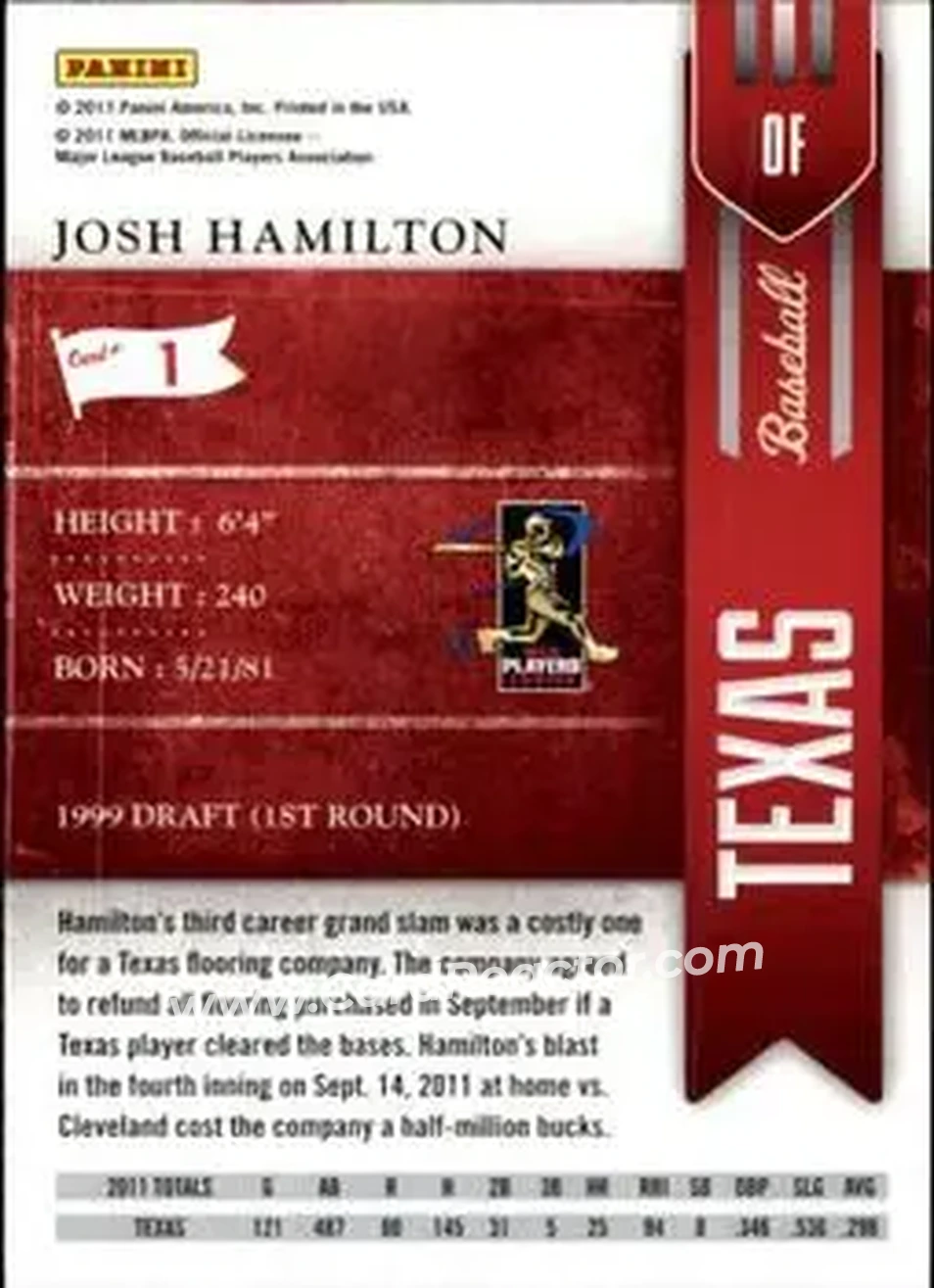 2011 Playoff Contenders #1 - Josh Hamilton - Texas Rangers - Back 2011 Playoff Contenders #1 - Josh Hamilton - Texas Rangers - Back