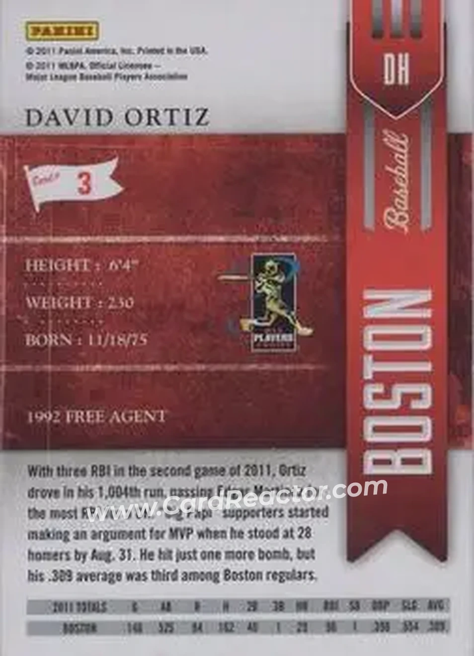 2011 Playoff Contenders #3 - David Ortiz - Boston Red Sox - Back