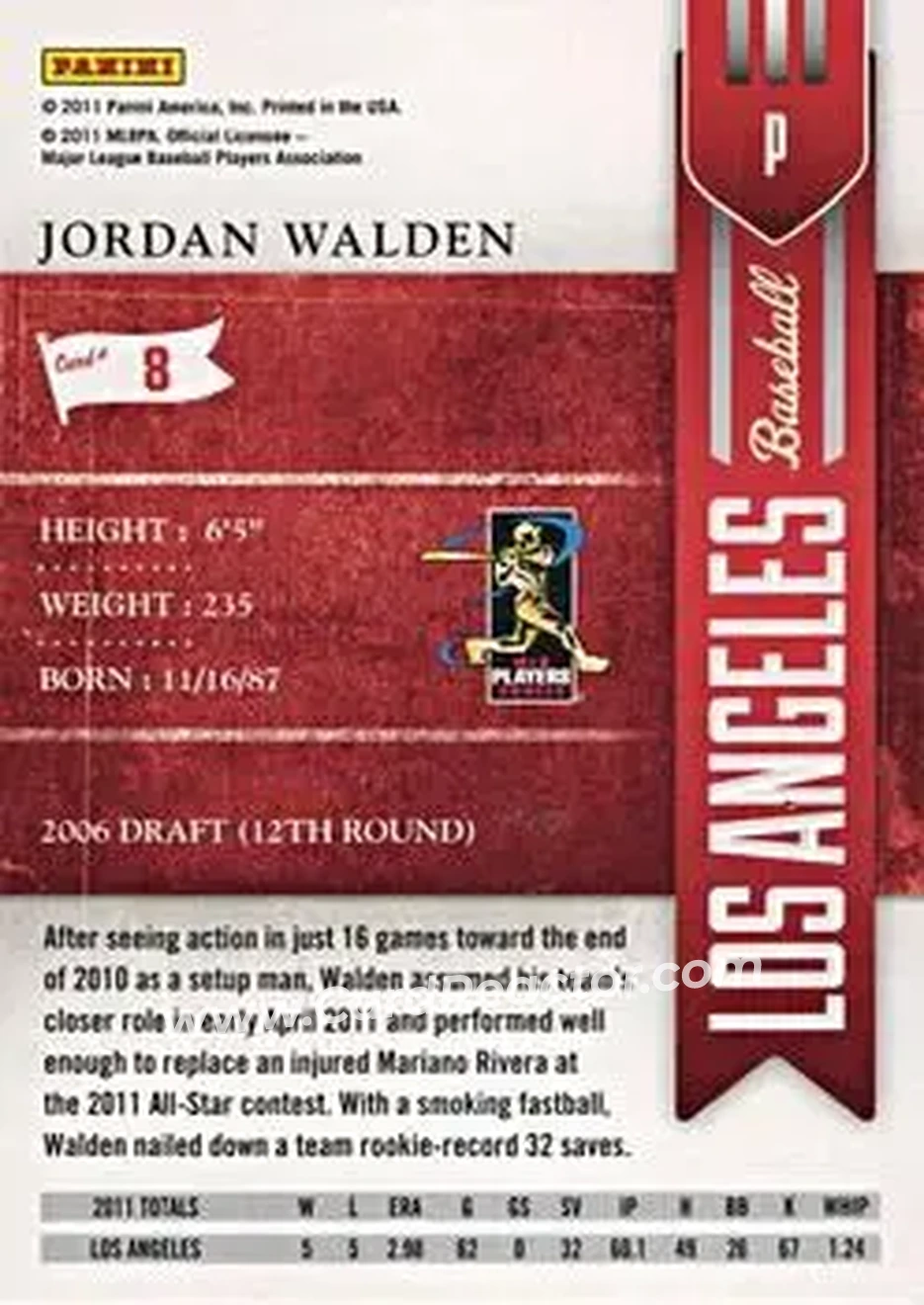 2011 Playoff Contenders #8 - Jordan Walden - Los Angeles Angels - Back