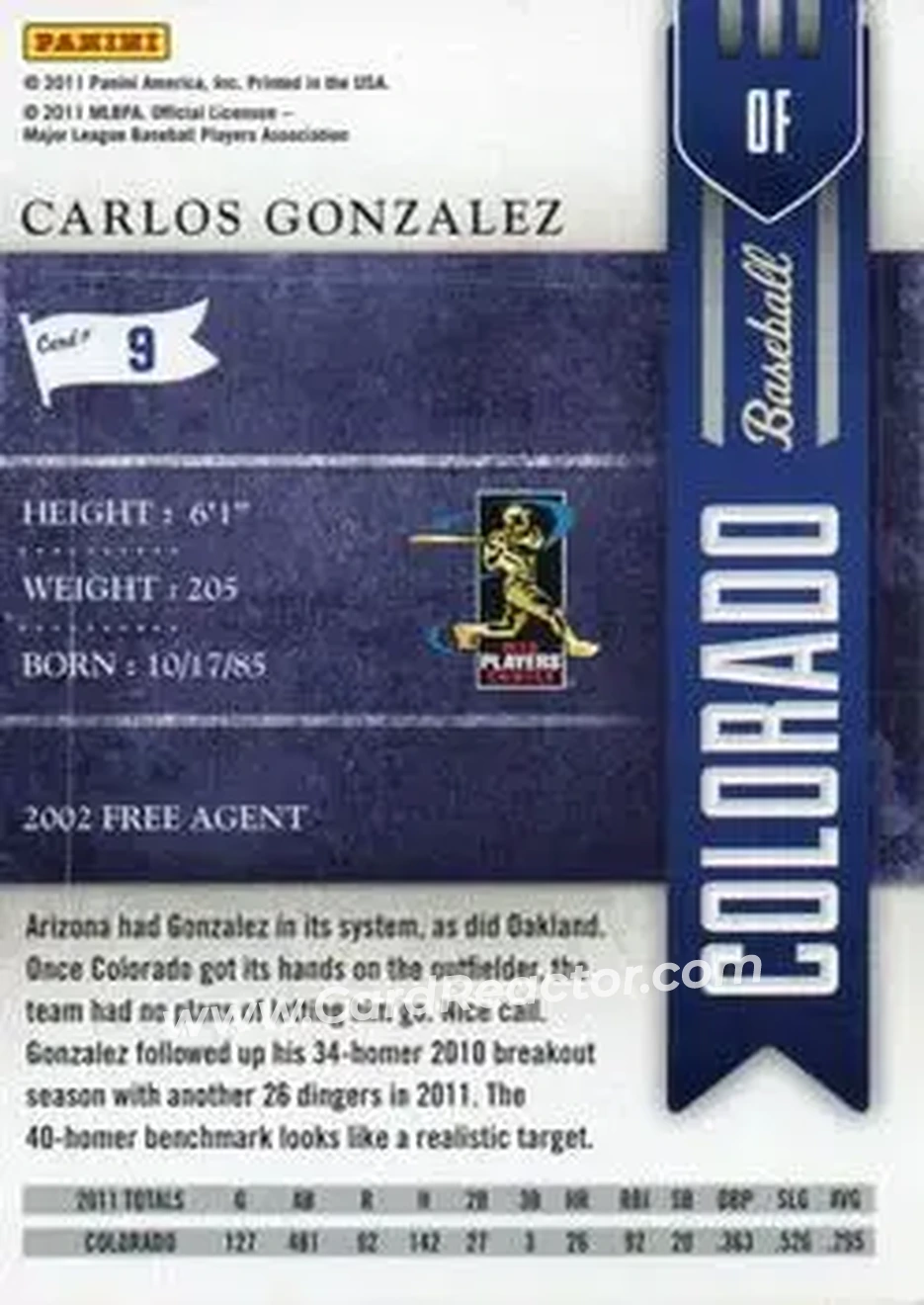 2011 Playoff Contenders #9 - Carlos Gonzalez - Colorado Rockies - Back
