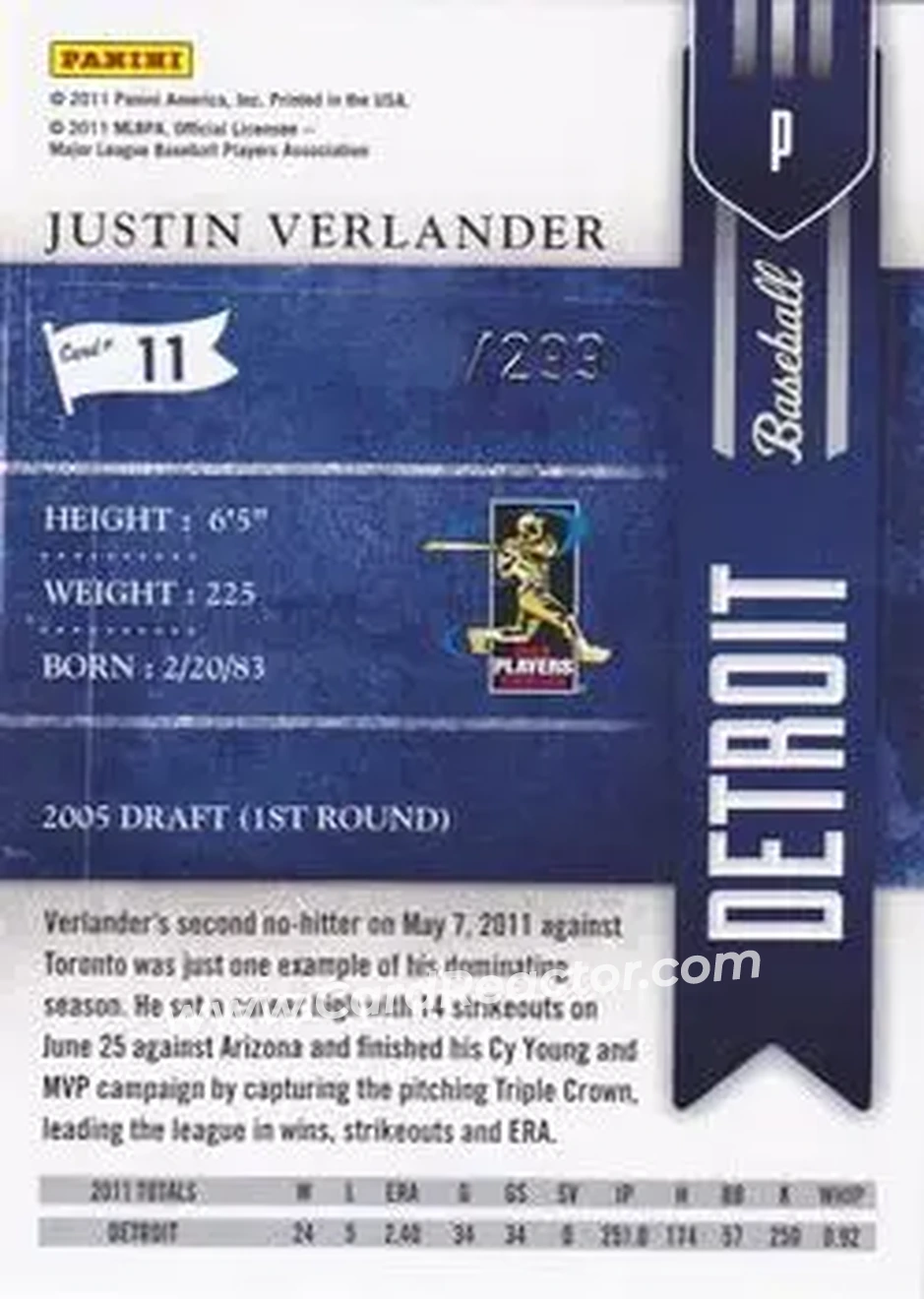 2011 Playoff Contenders #11 - Justin Verlander - Detroit Tigers - Back