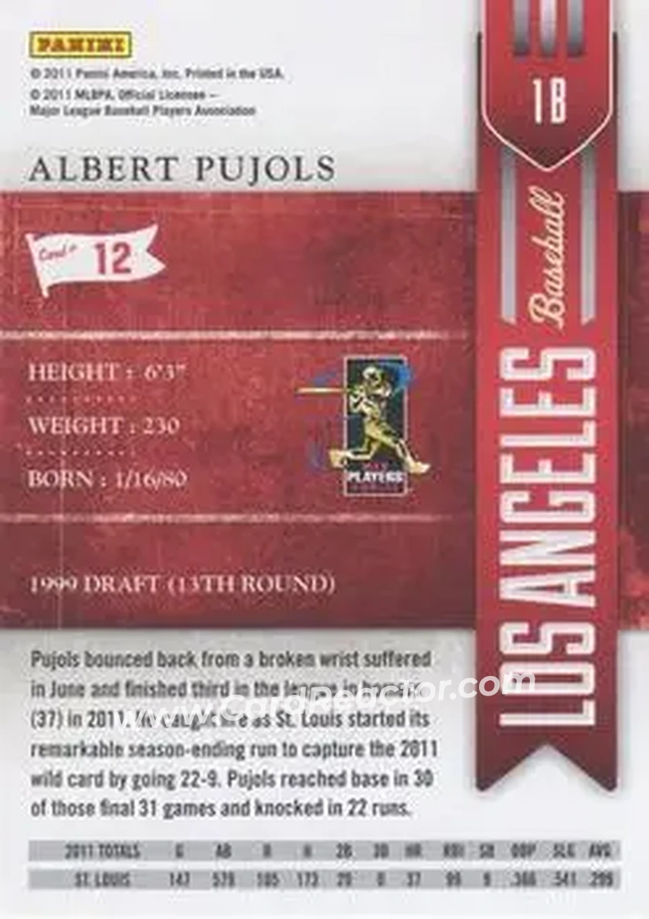 2011 Playoff Contenders #12 - Albert Pujols - Los Angeles Angels - Back