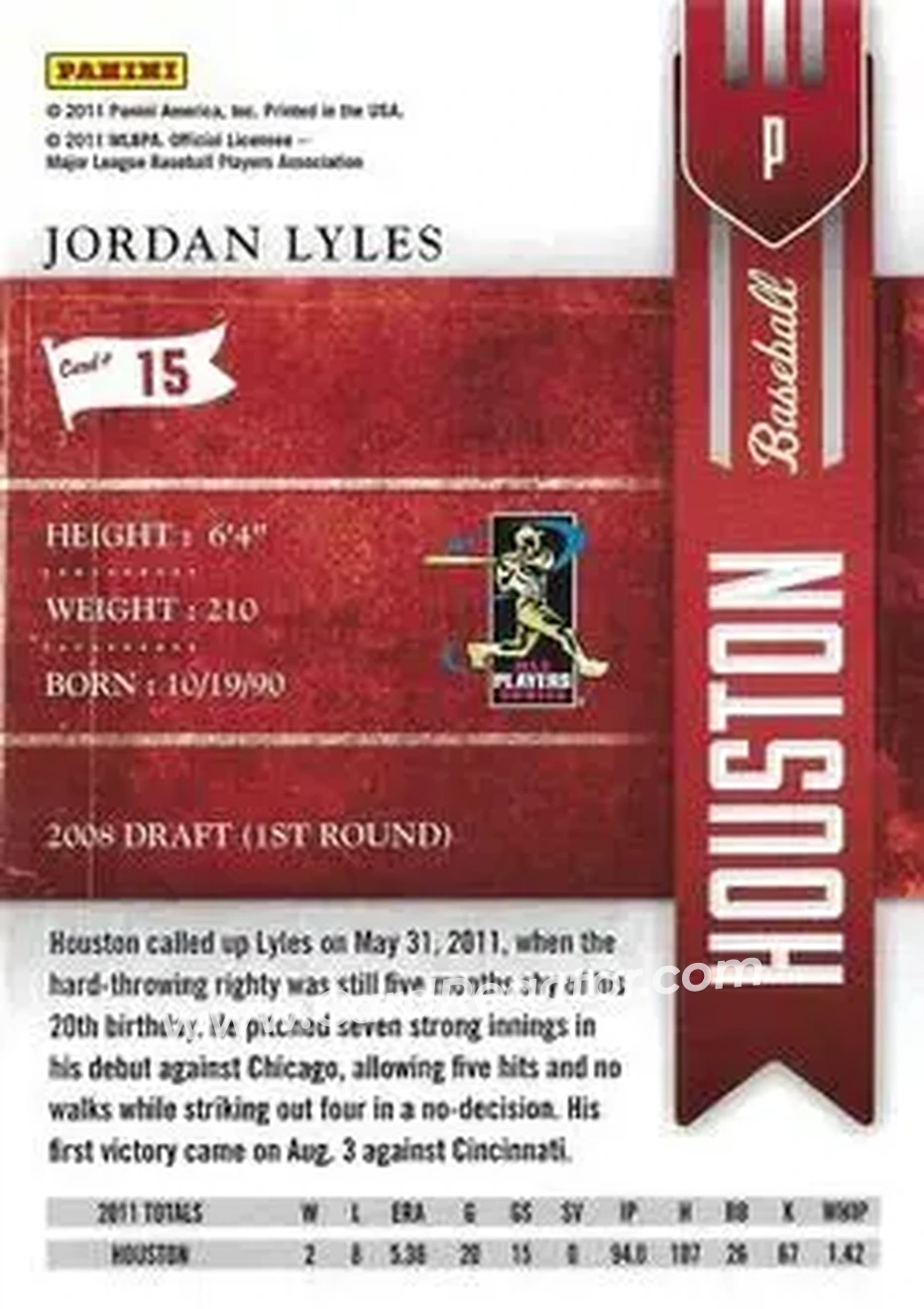 2011 Playoff Contenders #15 - Jordan Lyles - Houston Astros - Back