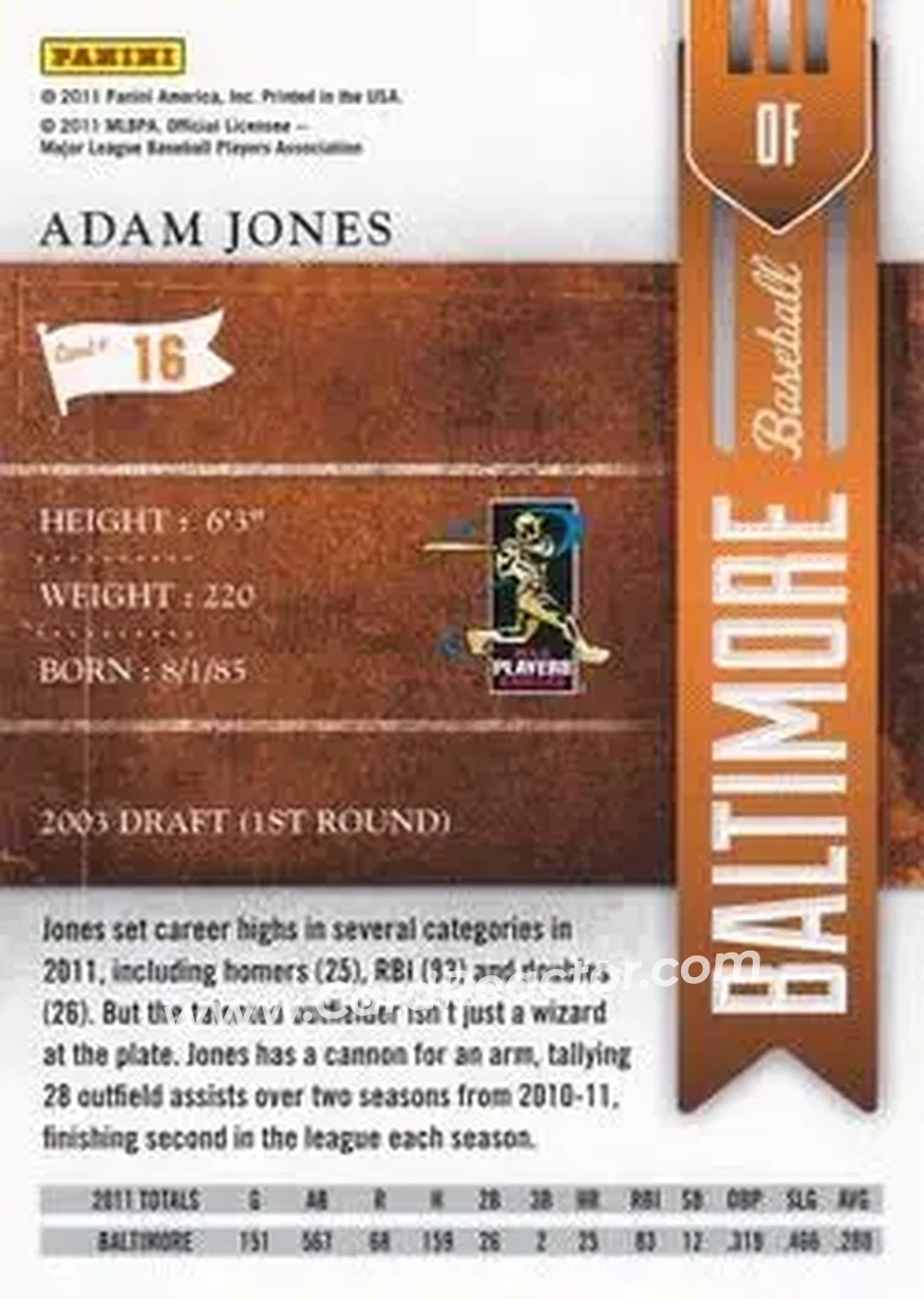 2011 Playoff Contenders #16 - Adam Jones - Baltimore Orioles - Back