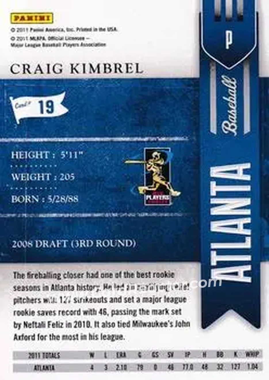 2011 Playoff Contenders #19 - Craig Kimbrel - Atlanta Braves - Back