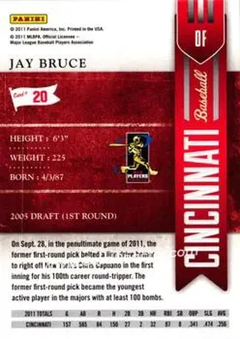 2011 Playoff Contenders #20 - Jay Bruce - Cincinnati Reds - Back