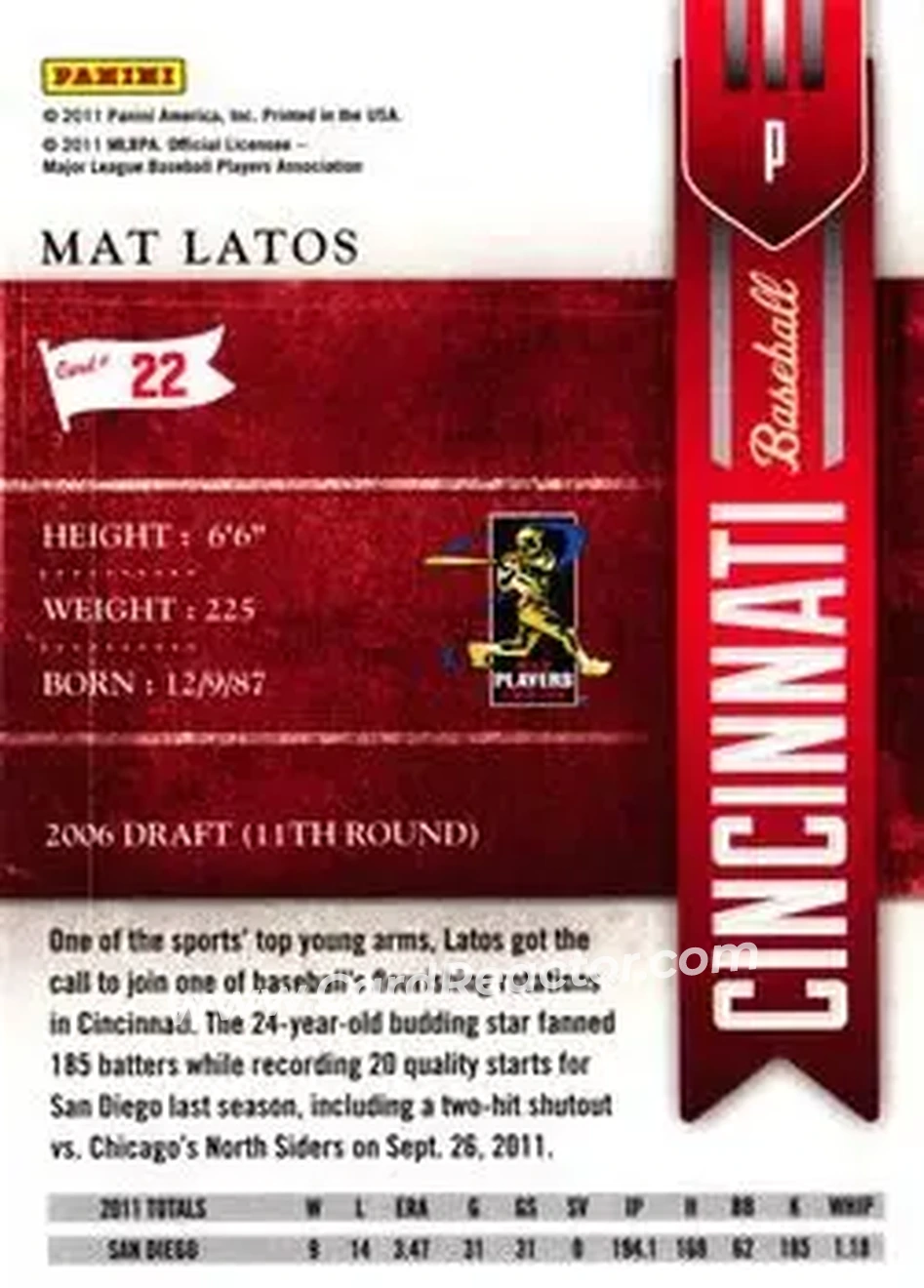 2011 Playoff Contenders #22 - Mat Latos - Cincinnati Reds - Back