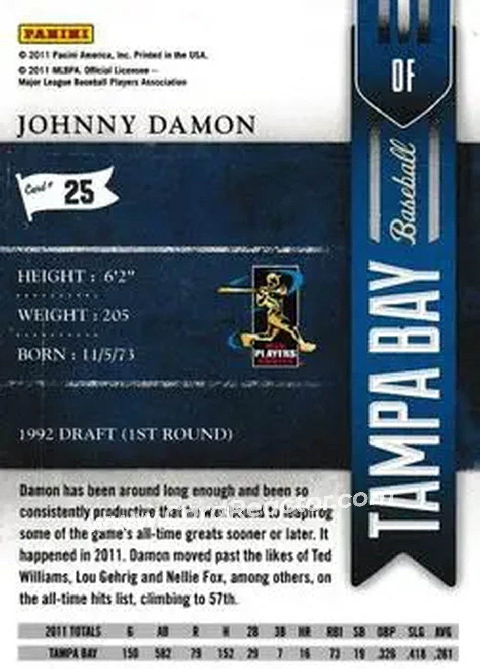 2011 Playoff Contenders #25 - Johnny Damon - Tampa Bay Rays - Back