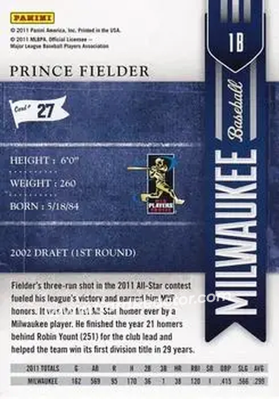 2011 Playoff Contenders #27 - Prince Fielder - Milwaukee Brewers - Back