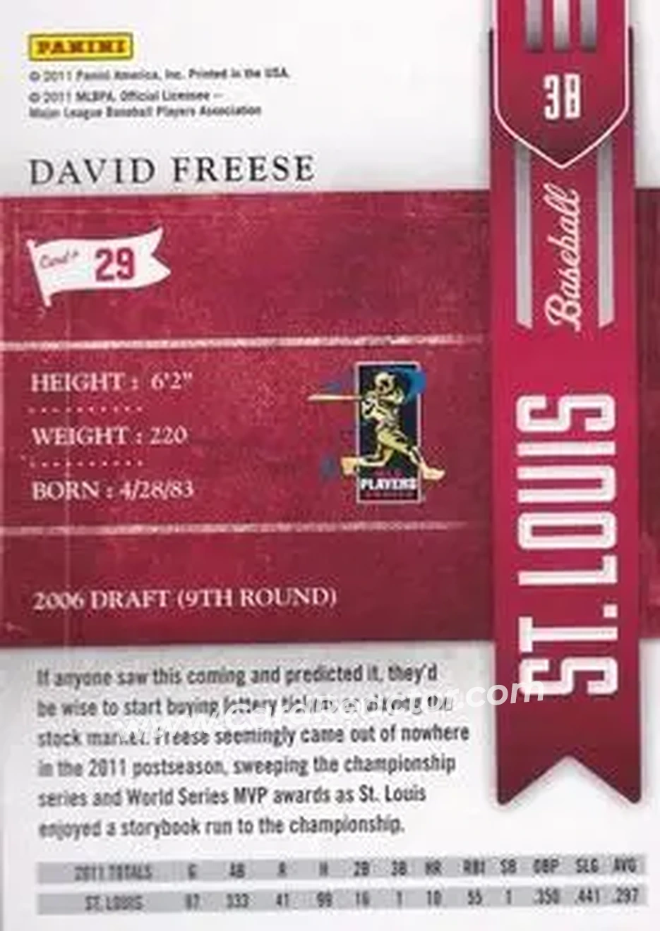 2011 Playoff Contenders #29 - David Freese - St. Louis Cardinals - Back