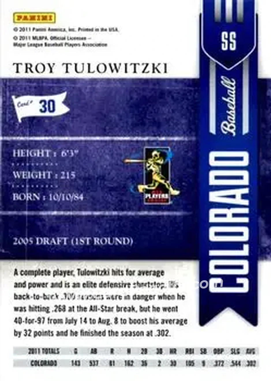 2011 Playoff Contenders #30 - Troy Tulowitzki - Colorado Rockies - Back