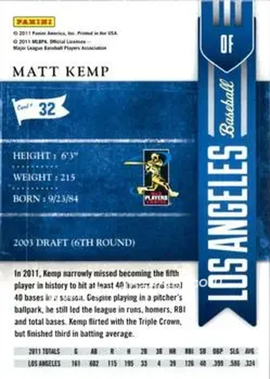2011 Playoff Contenders #32 - Matt Kemp - Los Angeles Dodgers - Back