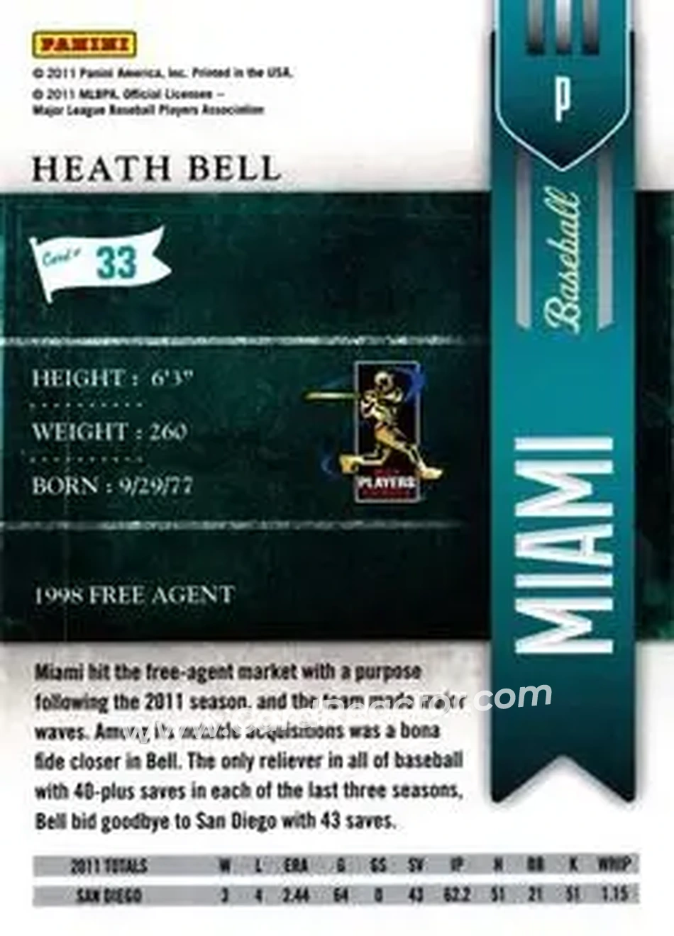 2011 Playoff Contenders #33 - Heath Bell - Miami Marlins - Back