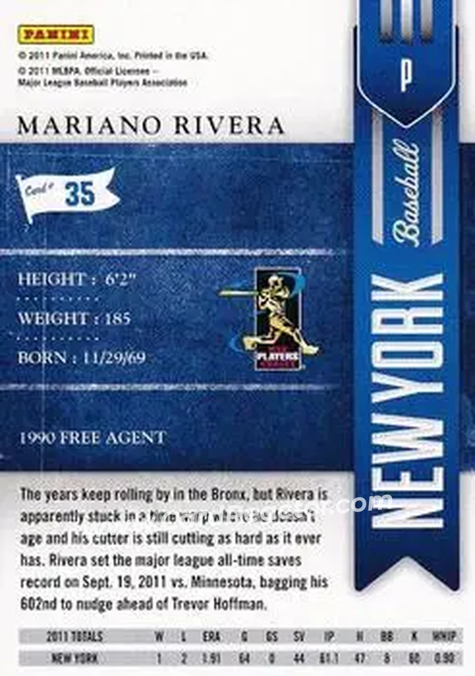 2011 Playoff Contenders #35 - Mariano Rivera - New York Yankees - Back