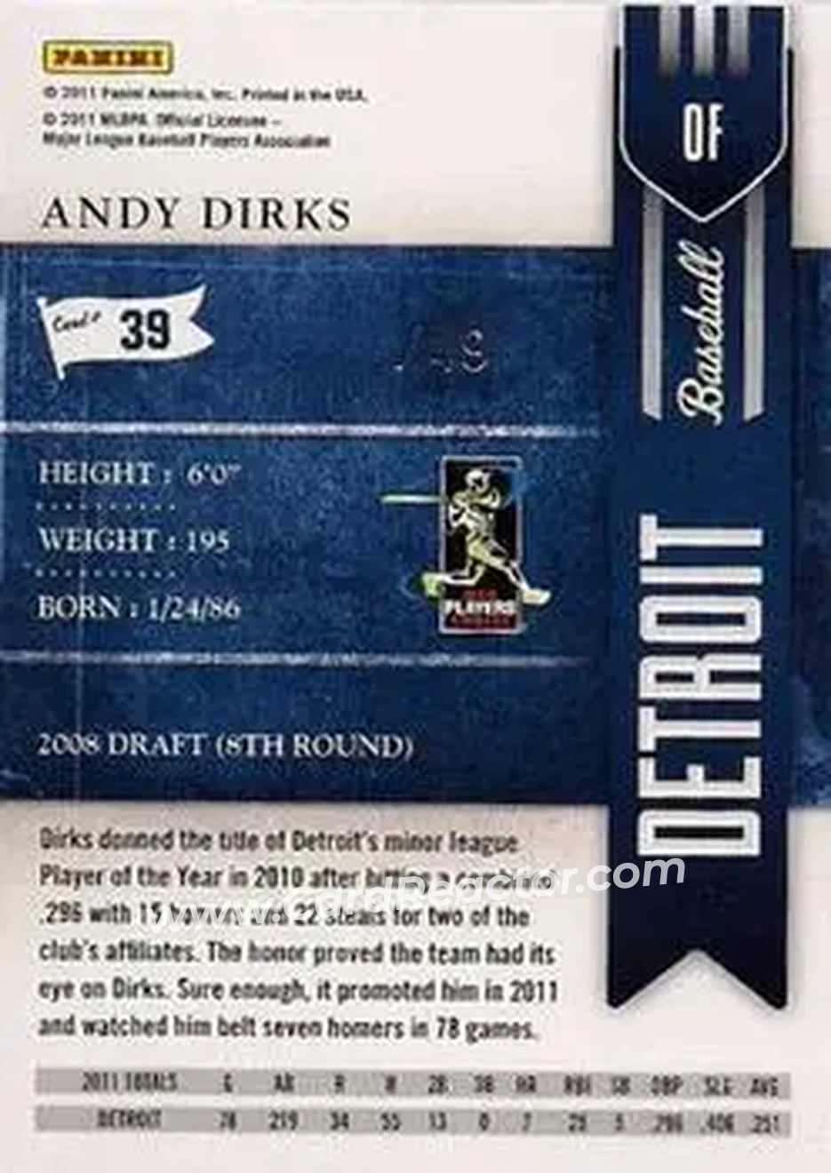 2011 Playoff Contenders #39 - Andy Dirks - Detroit Tigers - Back