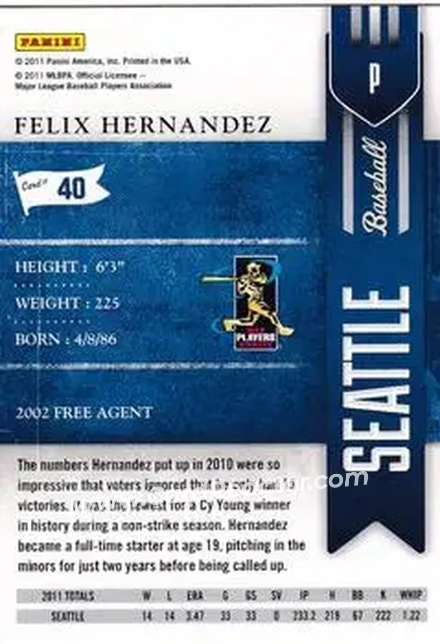2011 Playoff Contenders #40 - Felix Hernandez - Seattle Mariners - Back 2011 Playoff Contenders #40 - Felix Hernandez - Seattle Mariners - Back