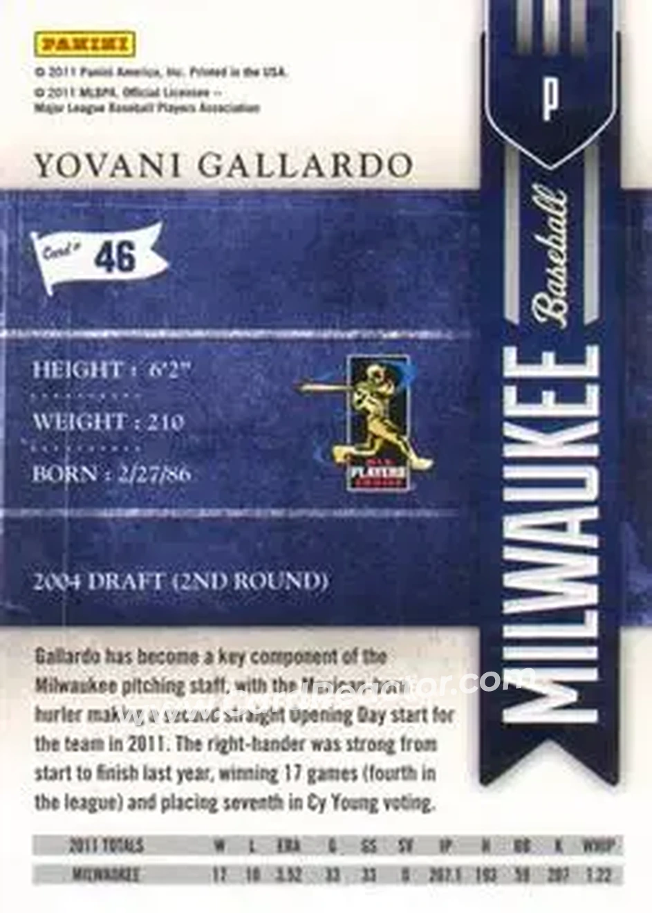2011 Playoff Contenders #46 - Yovani Gallardo - Milwaukee Brewers - Back