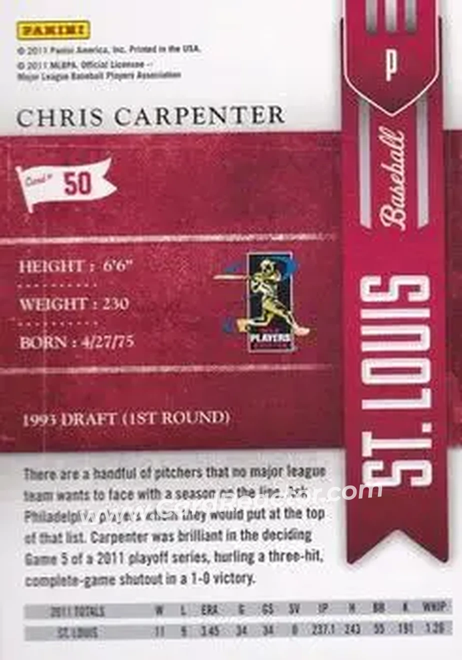 2011 Playoff Contenders #50 - Chris Carpenter - St. Louis Cardinals - Back 2011 Playoff Contenders #50 - Chris Carpenter - St. Louis Cardinals - Back