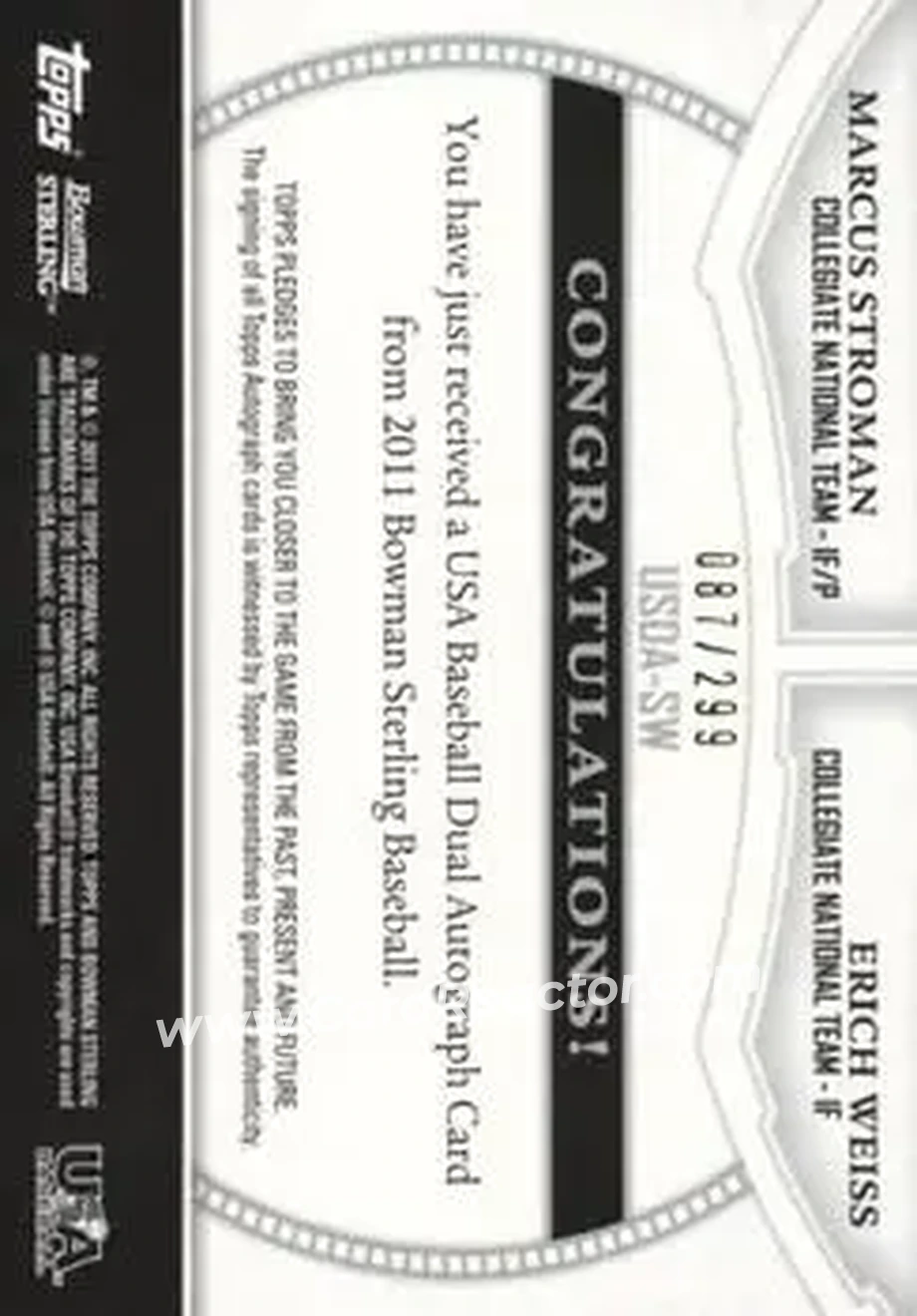 2011 Bowman Sterling - Dual Autographs #USDA-SW - Marcus Stroman - Erich Weiss AU, SN299 - USA - USA - Back