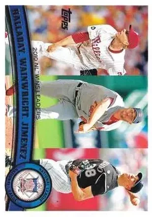 2011 Topps #11 2010 NL Wins Leaders (Roy Halladay - Adam Wainwright - Ubaldo Jimenez) LL - Philadelphia Phillies - St. Louis Cardinals - Colorado Rockies