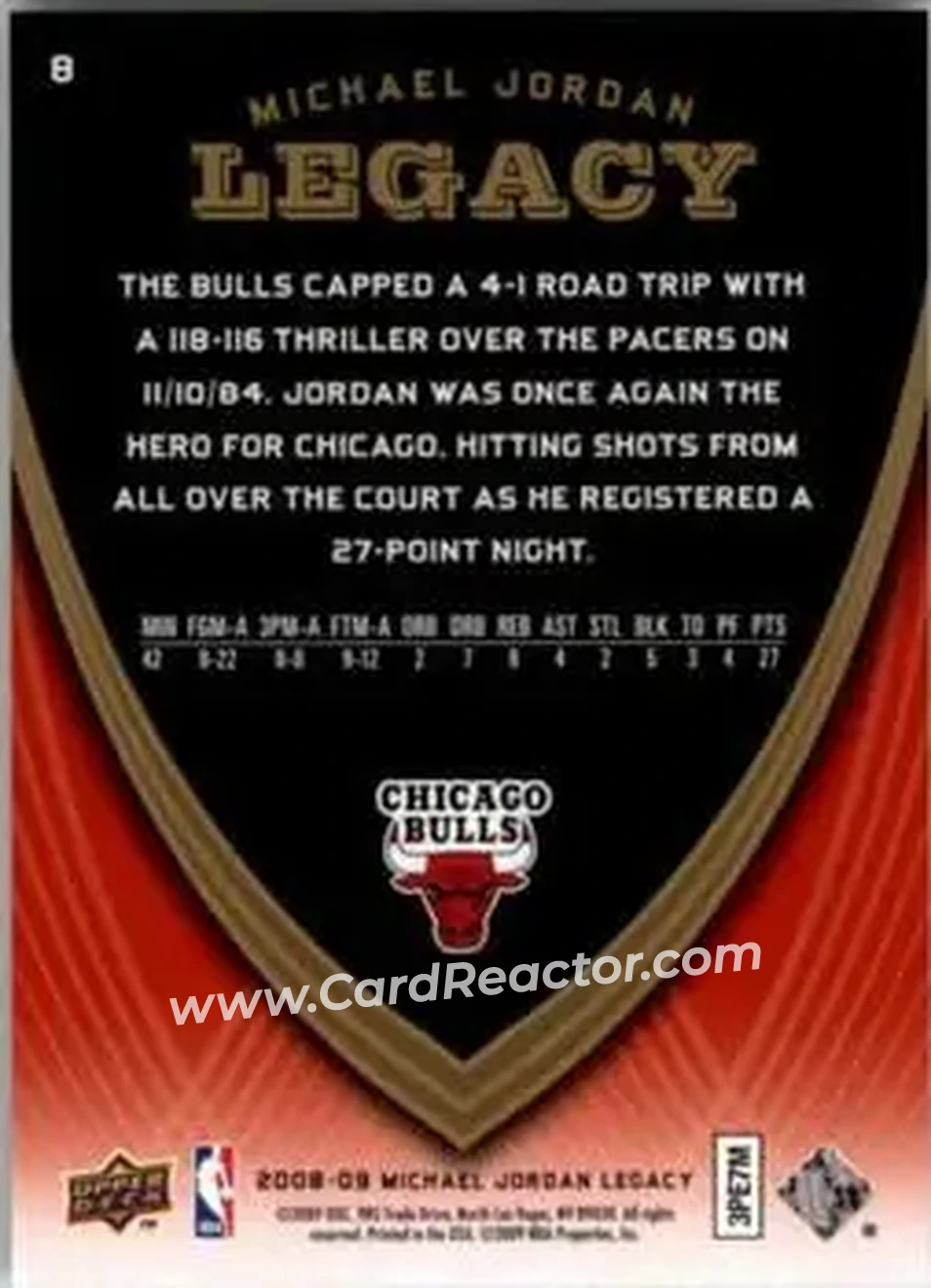 2008-09 Upper Deck Michael Jordan Legacy Collection #8 - Michael Jordan - Chicago Bulls 2008-09 Upper Deck Michael Jordan Legacy Collection #8 - Michael Jordan - Chicago Bulls