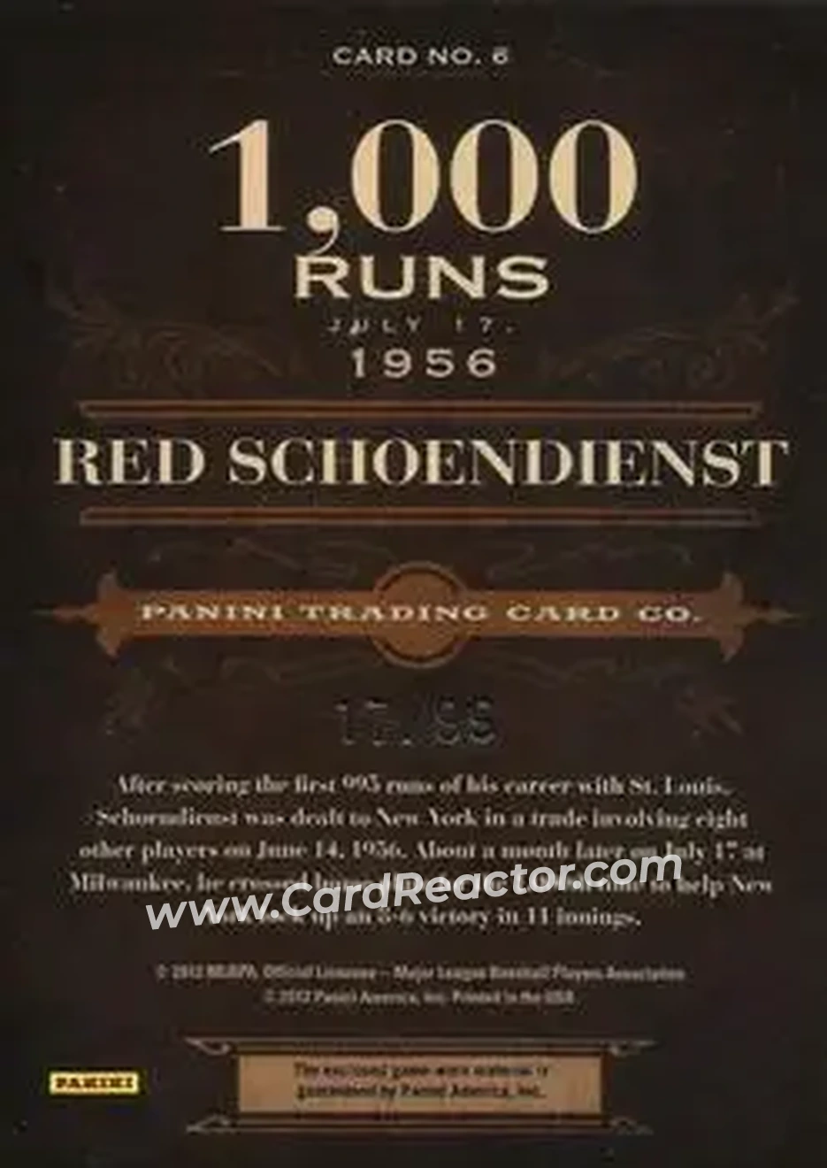 2011 Panini Prime Cuts - Biography Materials #6 - Al Schoendienst - St. Louis Cardinals - Back