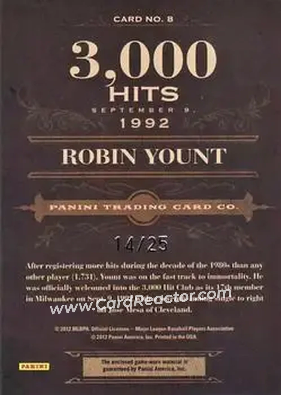 2011 Panini Prime Cuts - Biography Materials #8 - Robin Yount - Milwaukee Brewers - Back